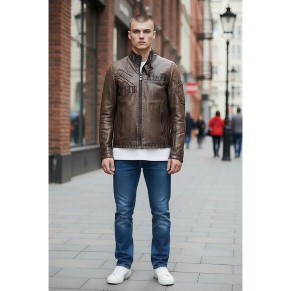 Vintage G-Star RAW GS 33 Distressed Leather Moto Jacket Brown Size S - Picture 1 of 12